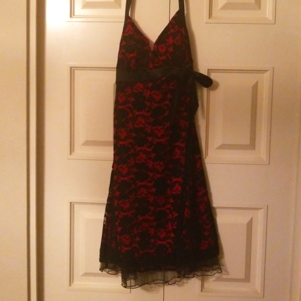 NWT Black lace and red silk cocktail dress